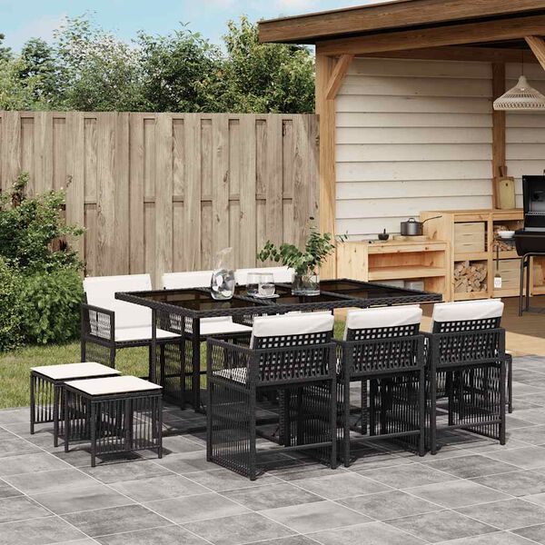 vidaXL 11 Piece Garden Dining Set with Cushions Black Poly Rattan