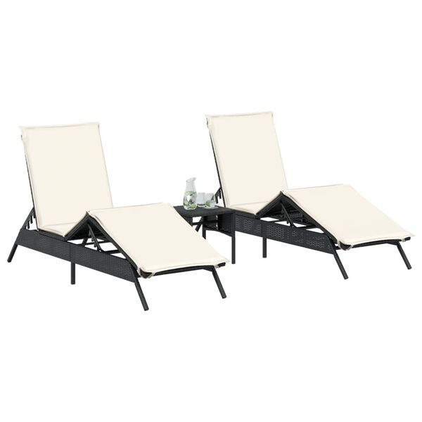 vidaXL Sun Loungers with Cushions 2 pcs Black Poly Rattan