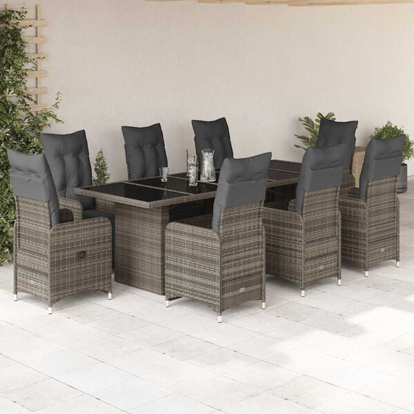 vidaXL 9 Piece Garden Bistro Set with Cushions Grey Poly Rattan