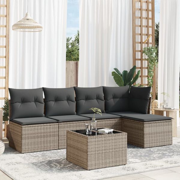 vidaXL 6 Piece Garden Sofa Set with Cushions Grey Poly Rattan