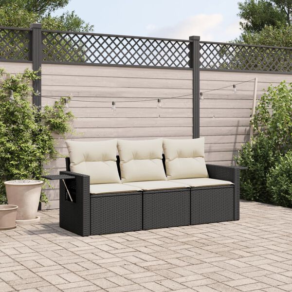 vidaXL 3 Piece Garden Sofa Set with Cushions Black Poly Rattan