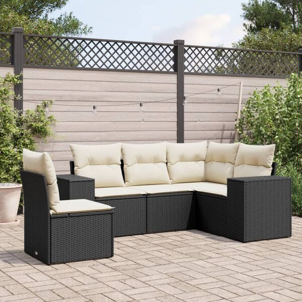 vidaXL 5 Piece Garden Sofa Set with Cushions Black Poly Rattan