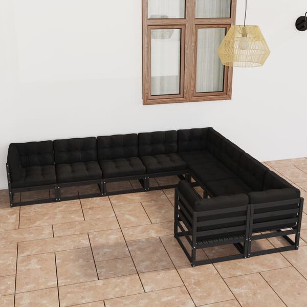 vidaXL 9 Piece Garden Lounge Set with Cushions Black Solid Pinewood