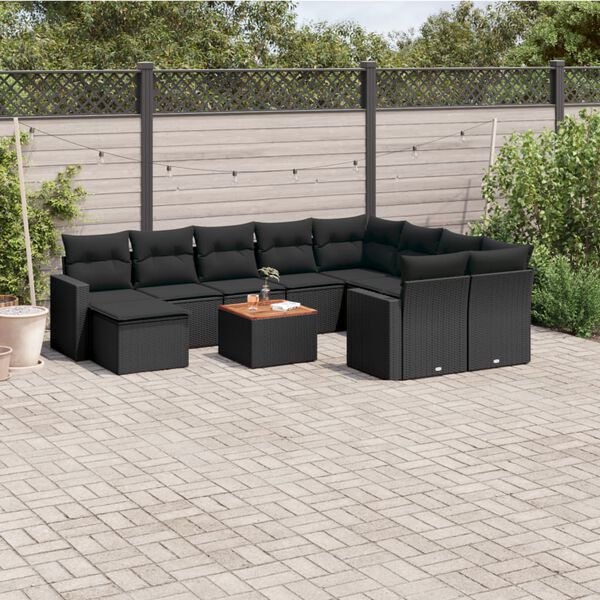 vidaXL 11 Piece Garden Sofa Set with Cushions Black Poly Rattan