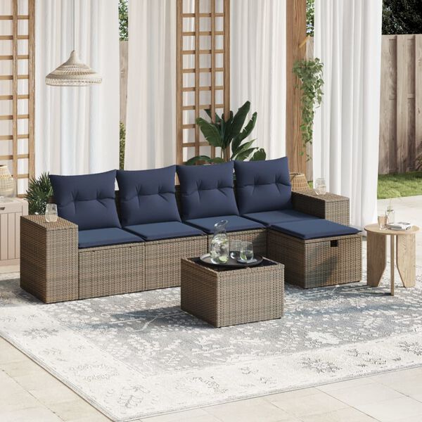 vidaXL 6 Piece Garden Sofa Set with Cushions Grey Poly Rattan