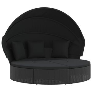 vidaXL Outdoor Lounge Bed with Canopy and Cushions Black Poly Rattan
