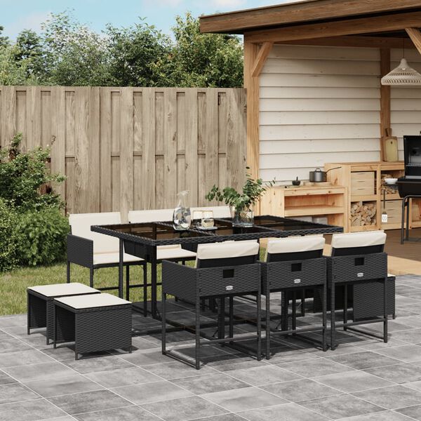 vidaXL 11 Piece Garden Dining Set with Cushions Black Poly Rattan
