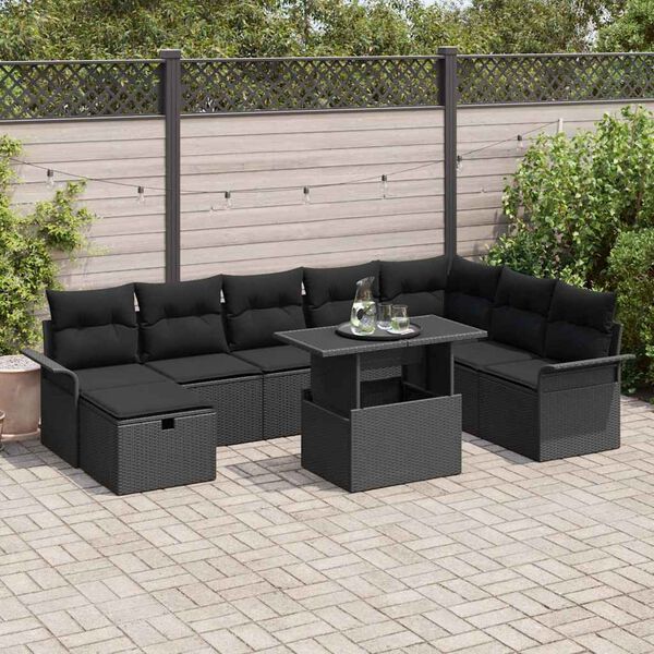 vidaXL Garden Sofa Set with Cushion 9 pcs Black Poly rattan