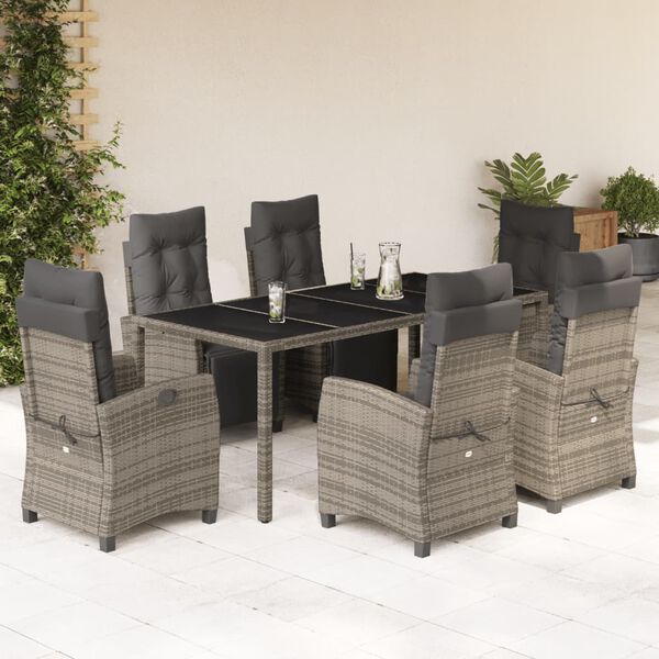 vidaXL 7 Piece Garden Dining Set with Cushions Grey Poly Rattan