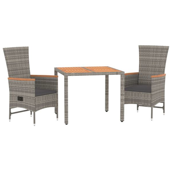 vidaXL 3 Piece Garden Dining Set with Cushions Grey Poly Rattan