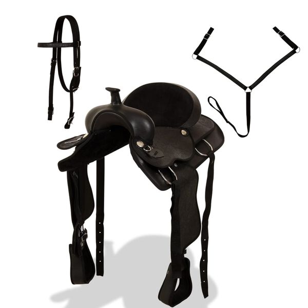 vidaXL Western Saddle. Headstall&Breast Collar Real Leather 16" Black