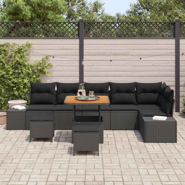 vidaXL Garden Sofa Set with Cushion 9 pcs Black Poly Rattan