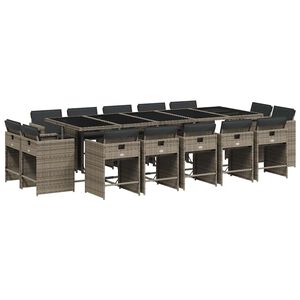 vidaXL 15 Piece Garden Dining Set with Cushions Grey Poly Rattan