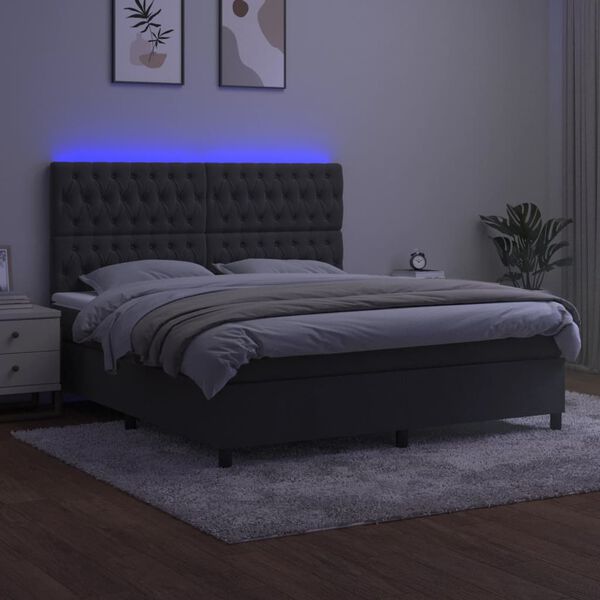 vidaXL Box Spring Bed with Mattress&LED Dark Grey 153x203 cm Queen Size Velvet