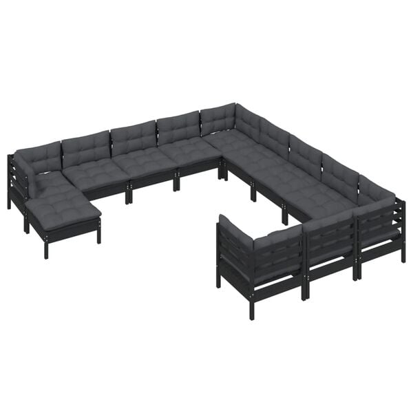 vidaXL 12 Piece Garden Lounge Set with Cushions Black Pinewood