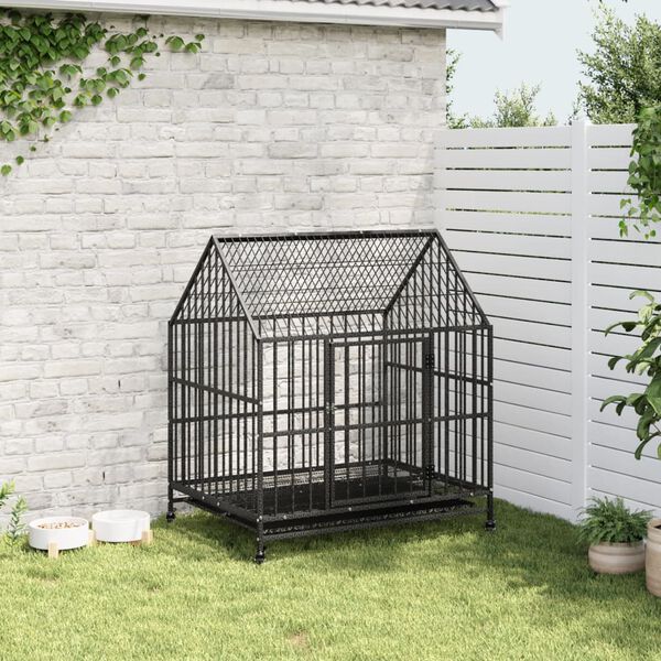 vidaXL Dog Cage with Wheels Black Galvanised Steel
