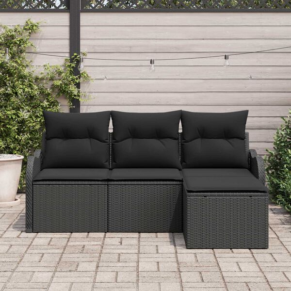 vidaXL Garden Sofa Set with Storage 4 pcs Black Poly Rattan