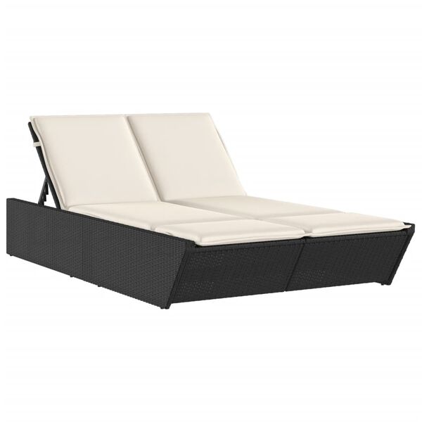 vidaXL Double Sun Lounger with Cushions Black Poly Rattan