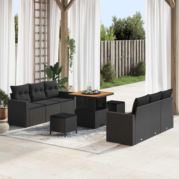 vidaXL Garden Sofa Set Height-Adjustable 9 pcs Black Poly Rattan