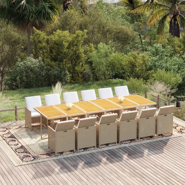 vidaXL 13 Piece Garden Dining Set with Cushions Poly Rattan Beige
