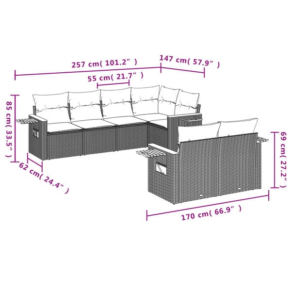 vidaXL 7 Piece Garden Sofa Set with Cushions Grey Poly Rattan