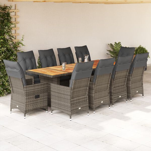 vidaXL 11 Piece Garden Bistro Set with Cushions Grey Poly Rattan