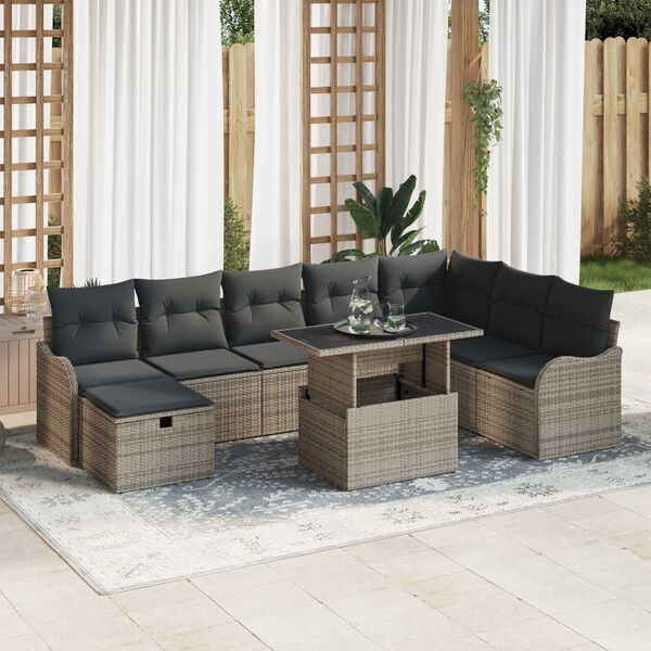 vidaXL Garden Sofa Set with Cushion 9 pcs Grey Poly rattan
