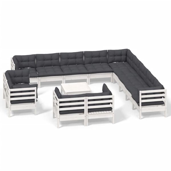 vidaXL 14 Piece Garden Lounge Set with Cushions White Solid Pinewood