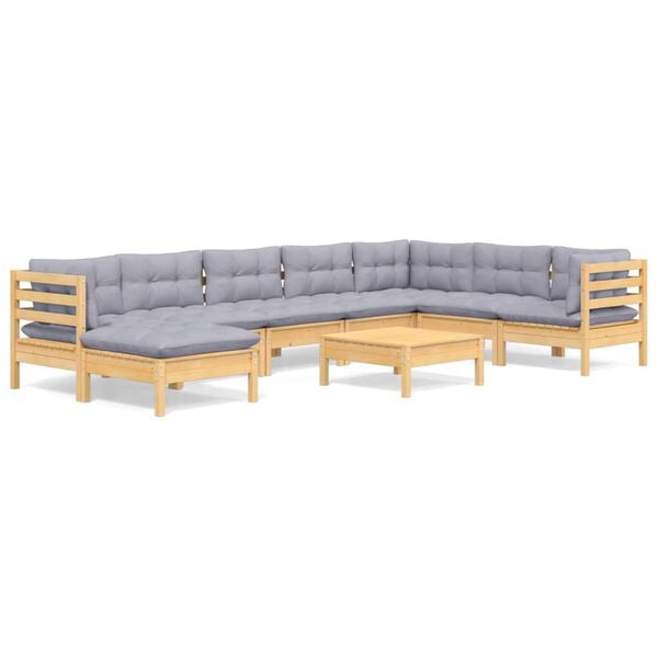 vidaXL 9 Piece Garden Lounge Set with Grey Cushions Solid Pinewood