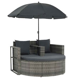 vidaXL 2 Seater Garden Sofa with Cushions and Parasol Grey Poly Rattan