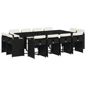 vidaXL 13 Piece Garden Dining Set with Cushions Black Poly Rattan