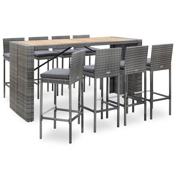 vidaXL 9 Piece Outdoor Bar Set Poly Rattan and Acacia Wood Grey
