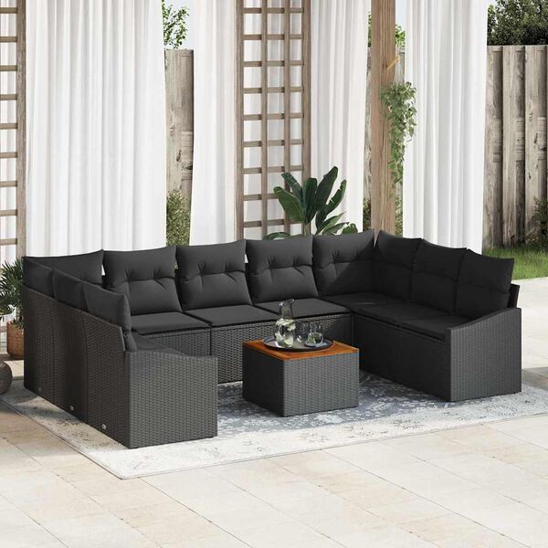 vidaXL Garden Sofa Set with Cushion 10 pcs Black Poly Rattan