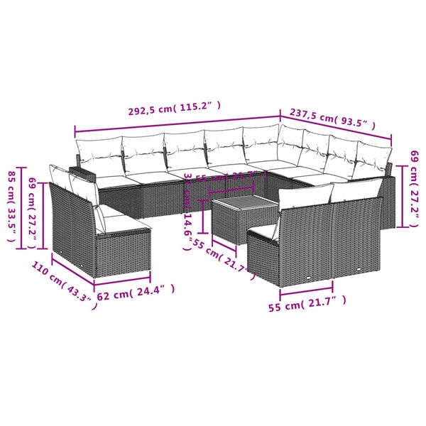 vidaXL 13 Piece Garden Sofa Set with Cushions Black Poly Rattan