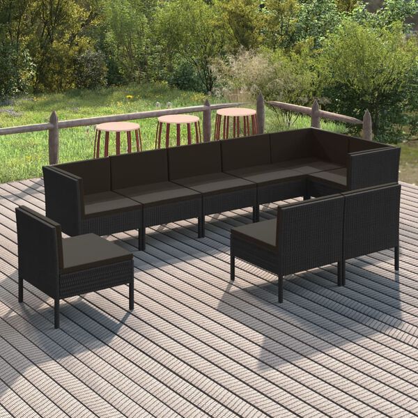 vidaXL 9 Piece Garden Lounge Set with Cushions Poly Rattan Black