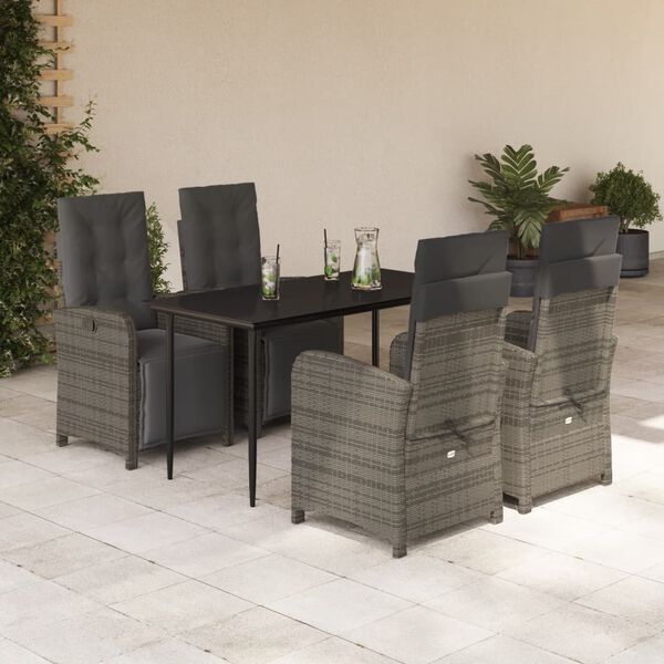 vidaXL 5 Piece Garden Dining Set with Cushions Grey Poly Rattan