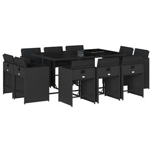 vidaXL 11 Piece Garden Dining Set with Cushions Black Poly Rattan