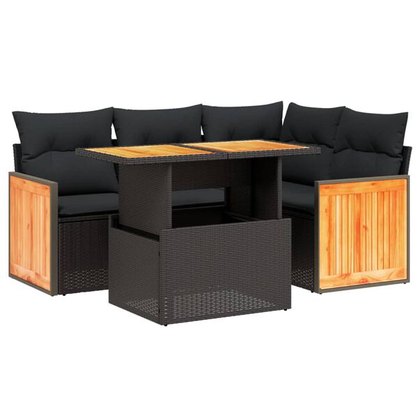 vidaXL 5 Piece Garden Sofa Set with Cushions Black Poly Rattan
