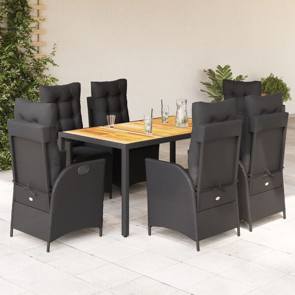 vidaXL 7 Piece Garden Dining Set with Cushions Black Poly Rattan