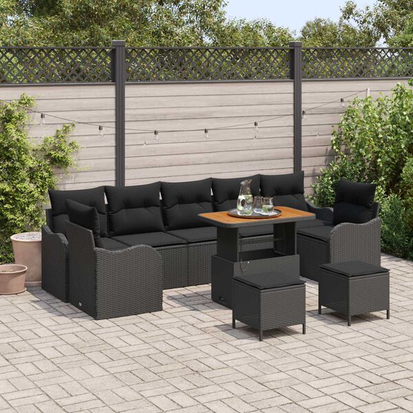 vidaXL Garden Sofa Set Height-Adjustable 10 pcs Black Poly Rattan