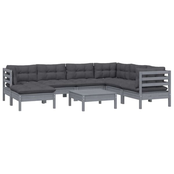 vidaXL 8 Piece Garden Lounge Set with Cushions Grey Solid Pinewood