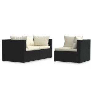 vidaXL 3 Piece Garden Lounge Set with Cushions Black Poly Rattan