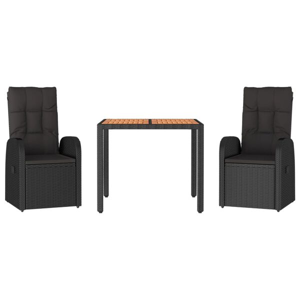 vidaXL 3 Piece Garden Dining Set with Cushions Black Poly Rattan