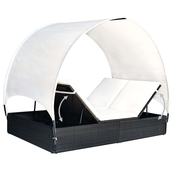 vidaXL Double Sun Lounger with Canopy Poly Rattan Black