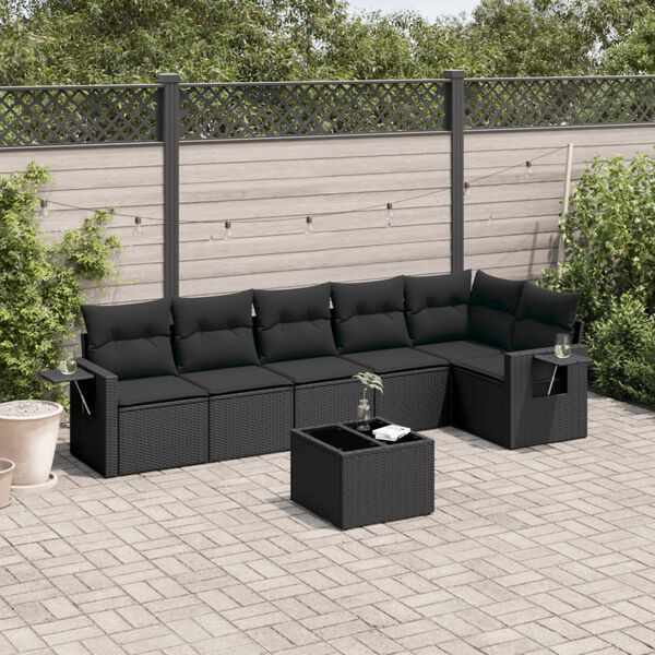 vidaXL 7 Piece Garden Sofa Set with Cushions Black Poly Rattan