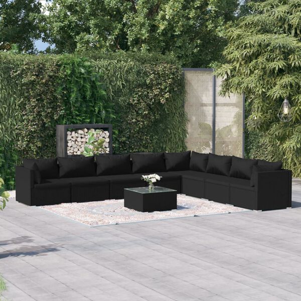 vidaXL 9 Piece Garden Lounge Set with Cushions Poly Rattan Black