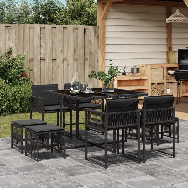 vidaXL 9 Piece Garden Dining Set with Cushions Black Poly Rattan