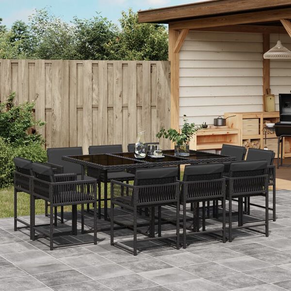 vidaXL 11 Piece Garden Dining Set with Cushions Black Poly Rattan