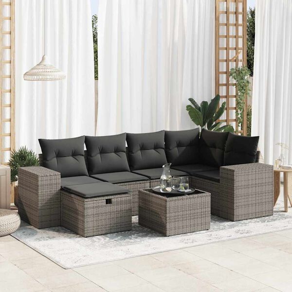 vidaXL 7 Piece Garden Sofa Set with Cushions Grey Poly Rattan