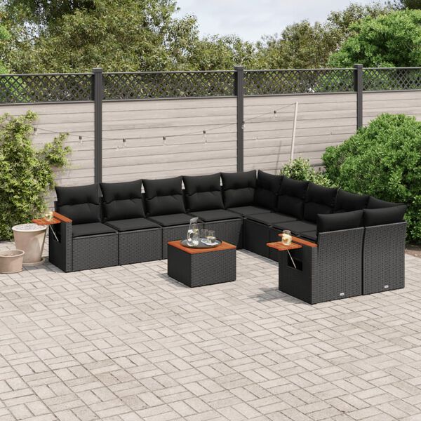vidaXL 11 Piece Garden Sofa Set with Cushions Black Poly Rattan